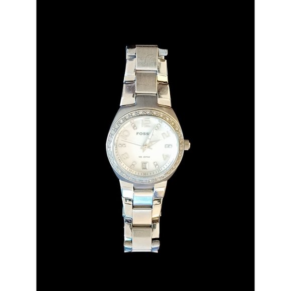 Fossil Silver Tone Stainless Steel Mother Of Pearl Face White Crystal Watch Work main image 6